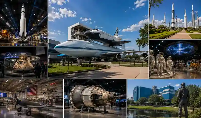 Houston aviation and space history attractions featuring Space Center Houston, rockets, spacecraft, and historic aircraft.